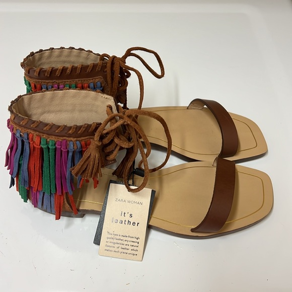 Zara Multicolored Fringe Brown Leather Sandals Size 6.5. NWT - Picture 3 of 10